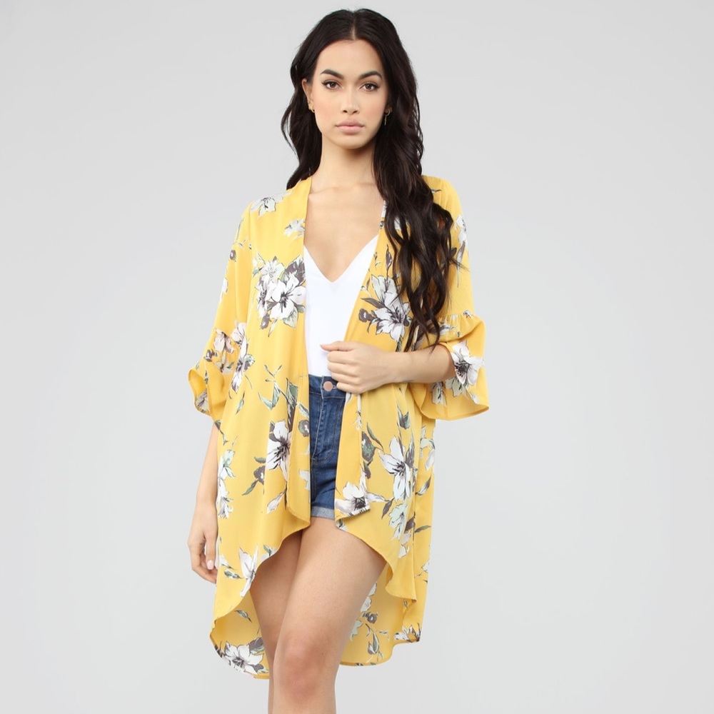 Fashion Nova Elevated Floral Kimono - Mustard